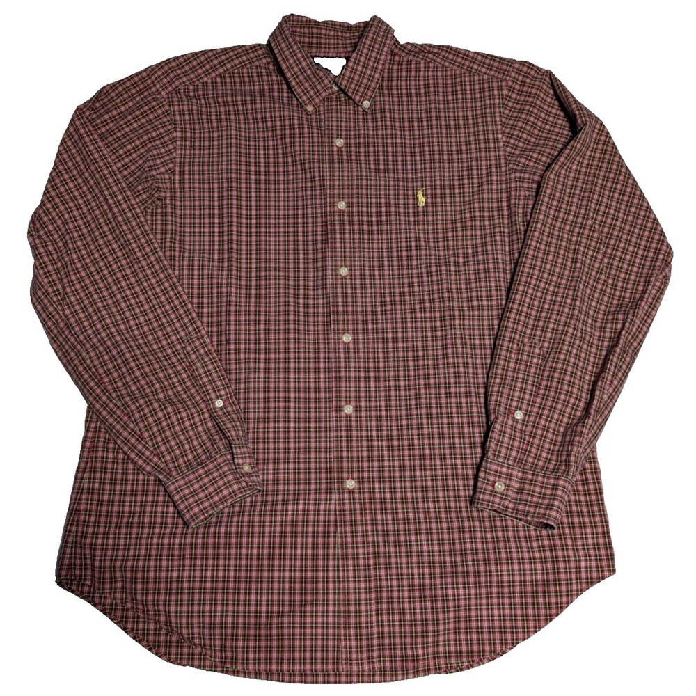 VTG POLO RALPH LAUREN CLASSIC FIT Men Large Red Yellow Plaid Cotton Button Shirt